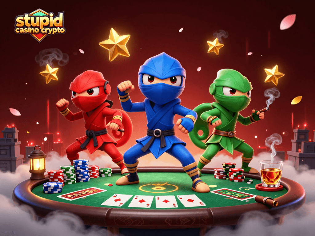 Les ninja chameaux colorés de stupid casino crypto s'affrontent sur un toit entouré de cartes et de jetons.