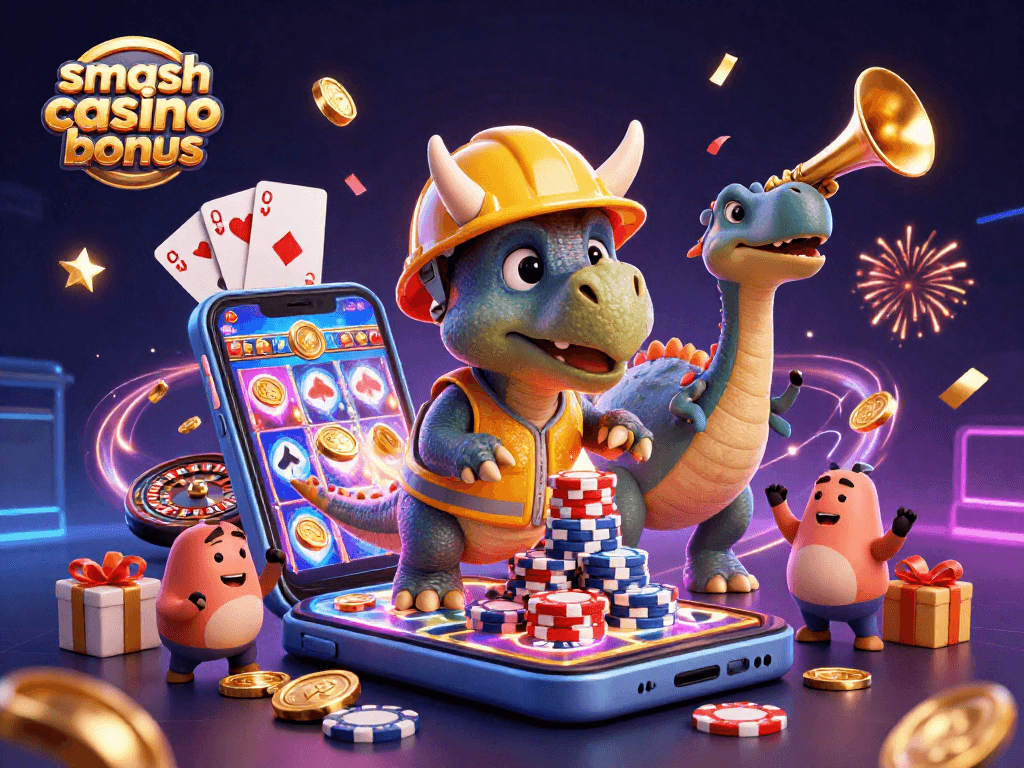 Profitez du smash casino bonus avec une illustration festive d'un triceratops construisant une pyramide de jetons.