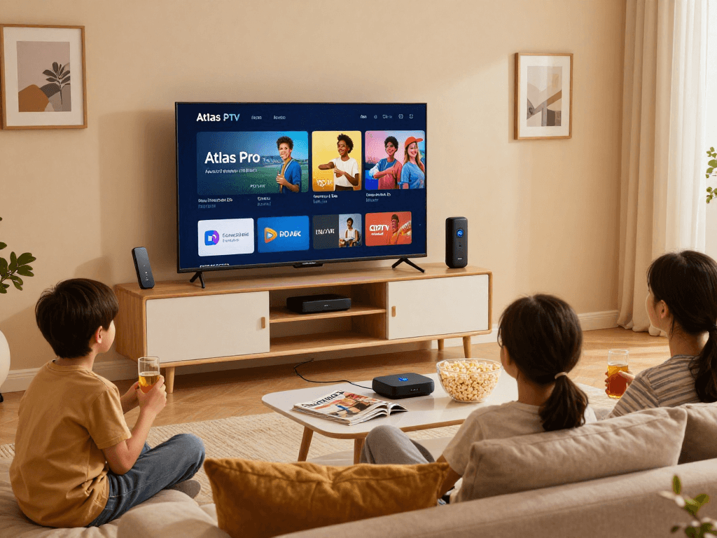 Profitez de l'expérience Atlas pro IPTV avec un écran HD/4K dans un salon confortable.