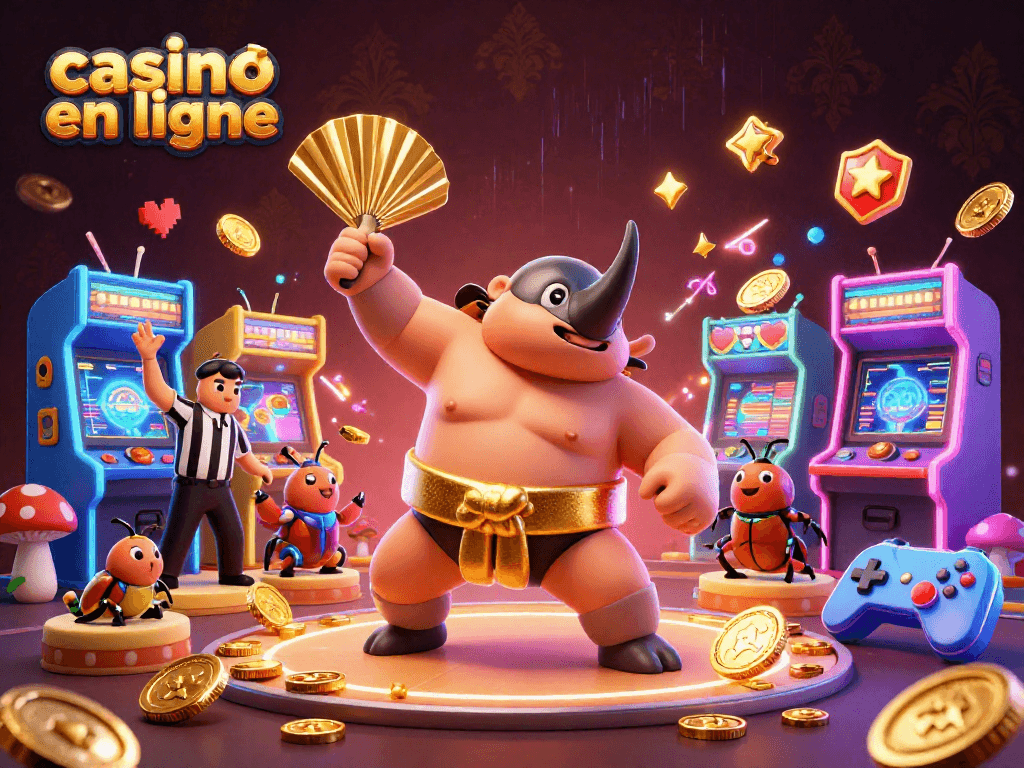 Profitez d'un casino en ligne avec un rhinocéros champion et une animation animée au milieu d'une scène colorée de jeux d'arcade.