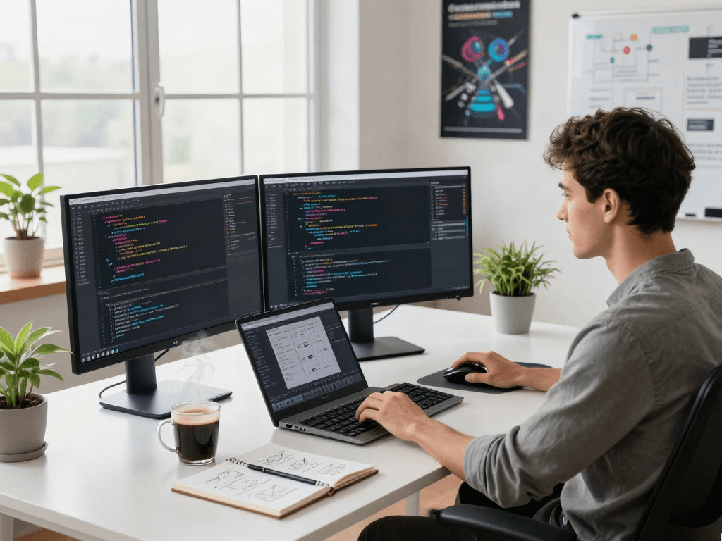Développeur utilisant Atlas pro ontv dans un bureau moderne avec plusieurs écrans et notes inspirantes.