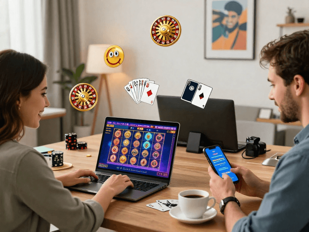 Casino en ligne : Joueurs enthousiastes dans un environnement moderne de jeu virtuel.