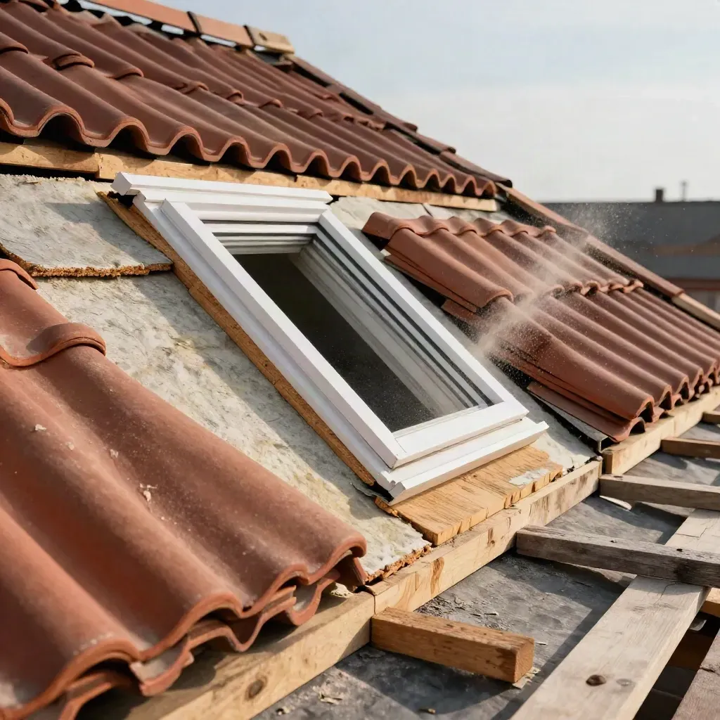 Matériaux de toiture alignés sur un chantier, avec tuiles, isolation et fenêtre neuve.