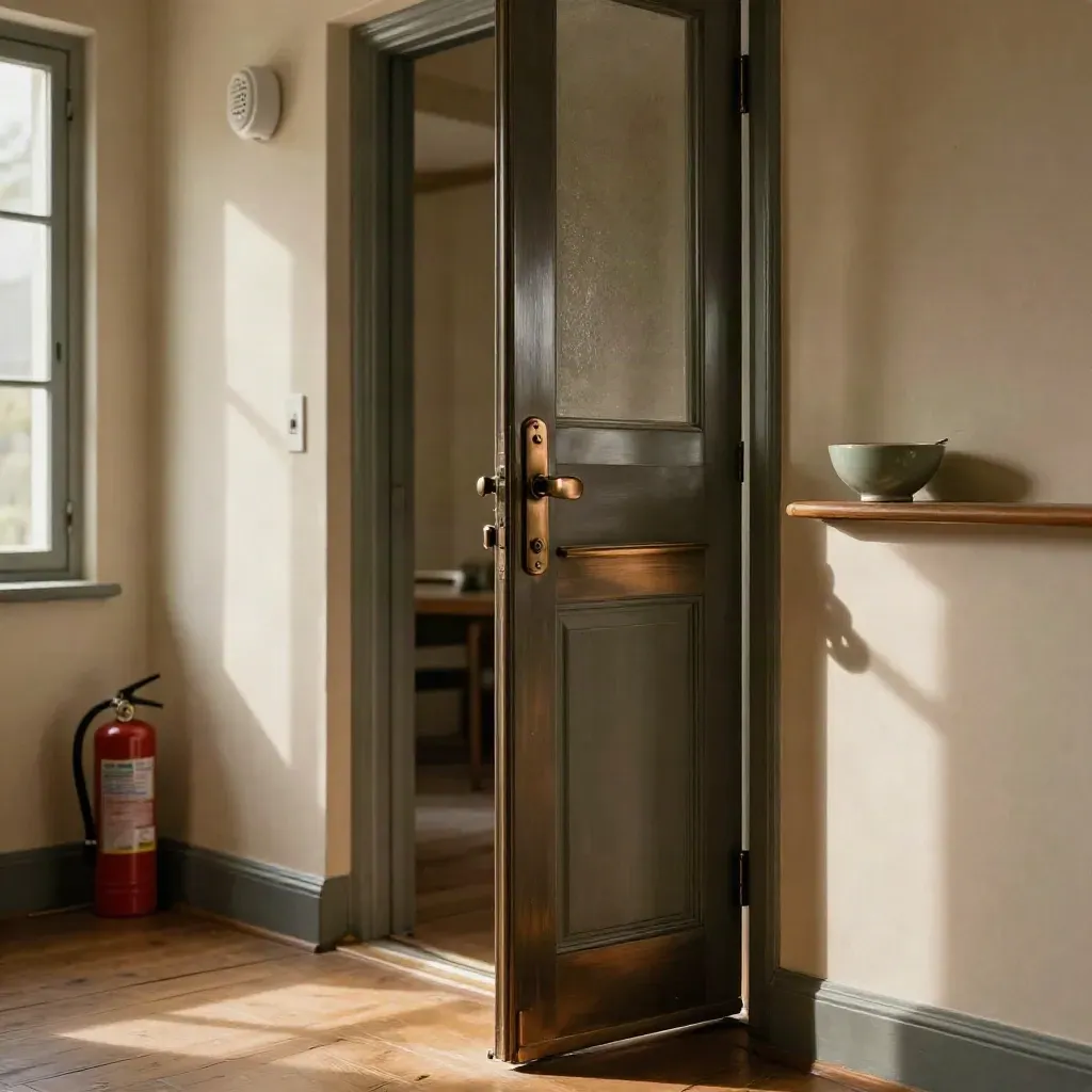 Entrée de maison protégée avec porte composite, serrure et objets rassurants.
