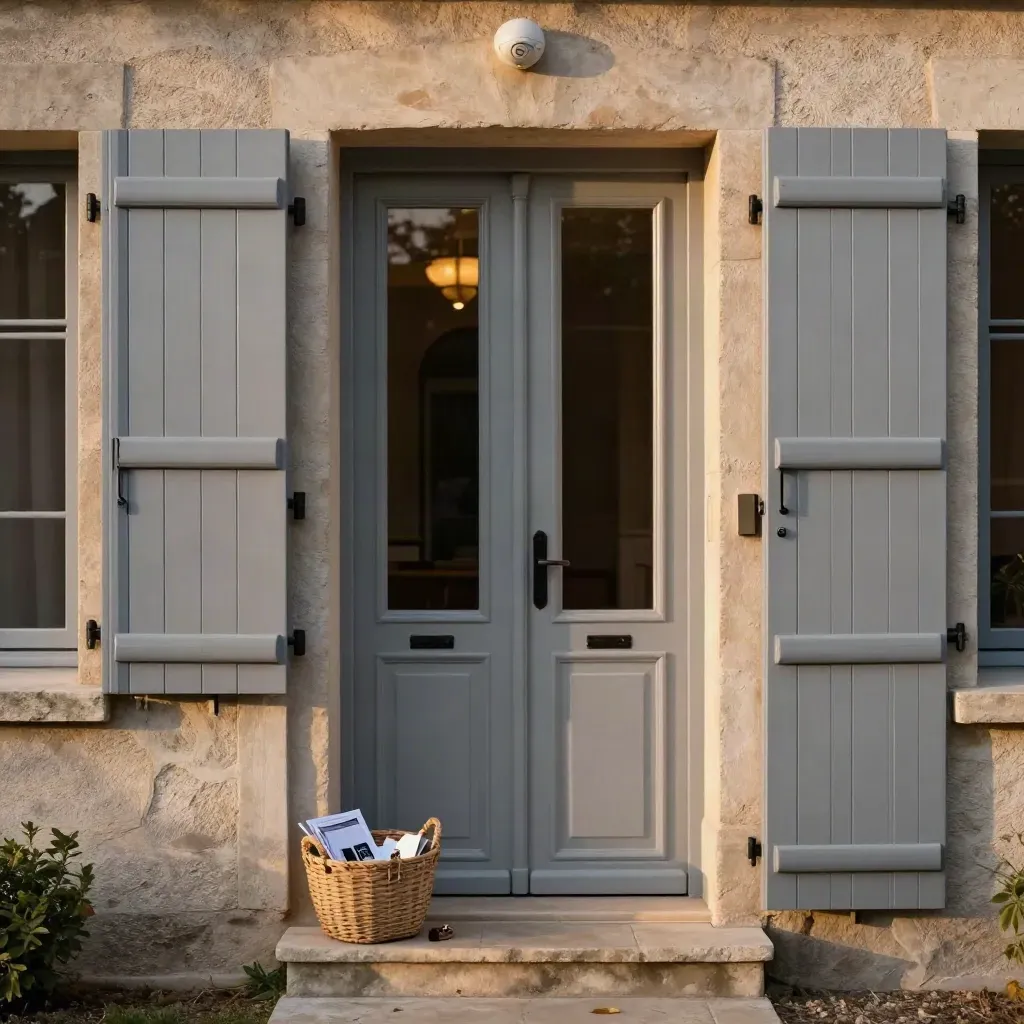 Porte d’entrée sécurisée au crépuscule, volets rangés et panier d’entrée ordonné
