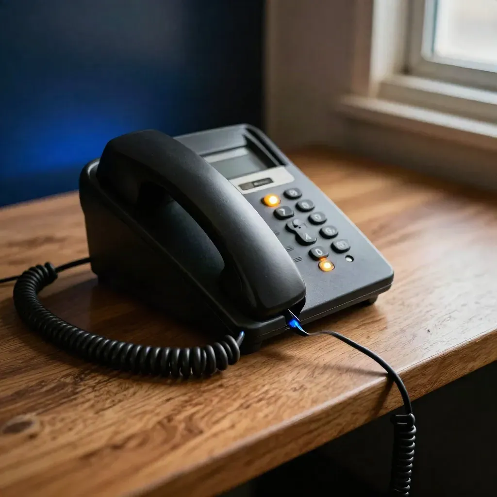 Téléphone noir à voyants bleus clignotants sur comptoir en bois, gros plan cinétique.