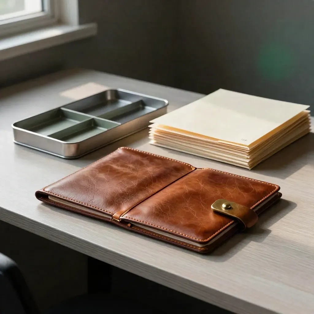 Classeur cuir, pince laiton et support de suivi compact sur bureau clair, lumière chaude.
