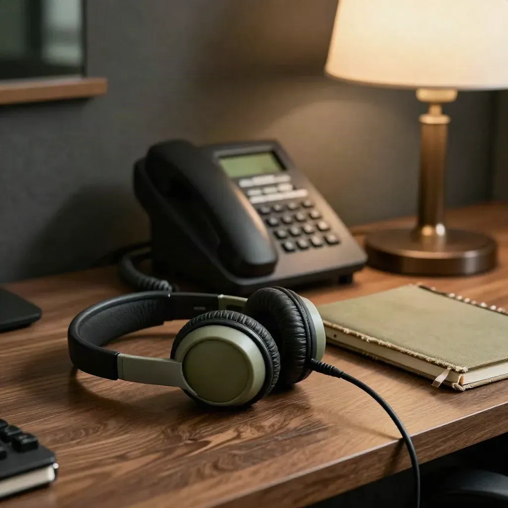 Casque, téléphone de bureau, carnet fermé et lampe dans un coin calme de bureau.