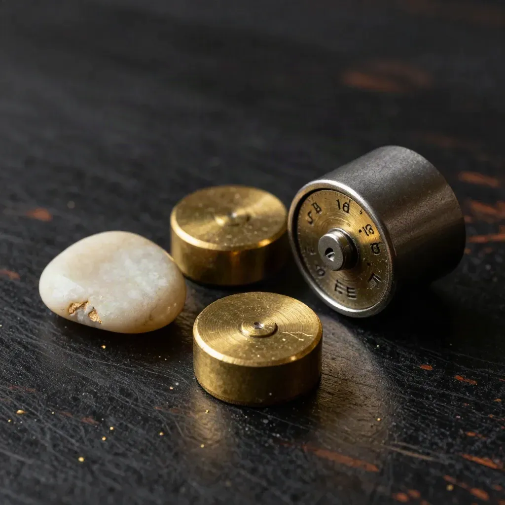 Gros plan de galets de calcul, jetons en laiton et compteur mécanique sur table sombre.