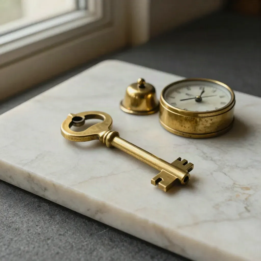 Clé en laiton, carillon et horloge sur marbre clair, lumière douce, attente calme.