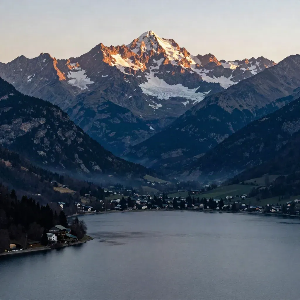 Massif alpin au-dessus d’un lac calme, ville discrète en bas, brume d’aube.